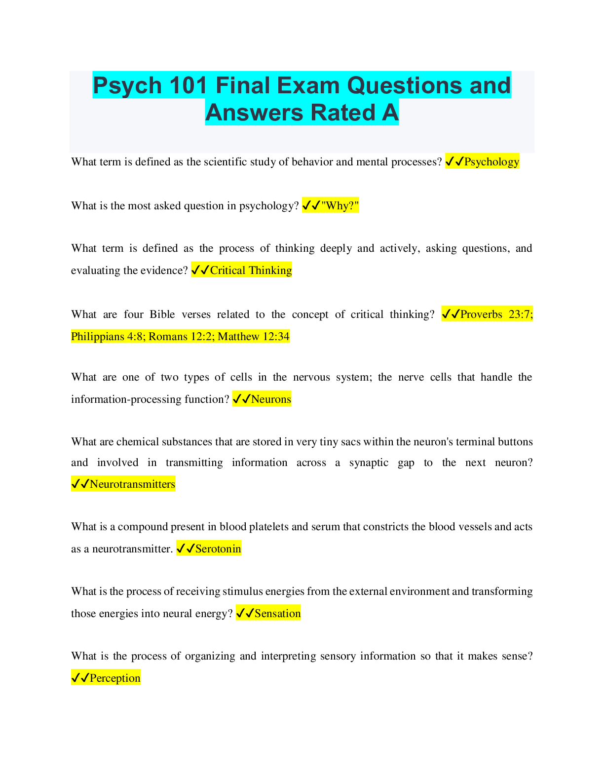 Psych 101 Final Exam Questions and Answers Rated A Browsegrades